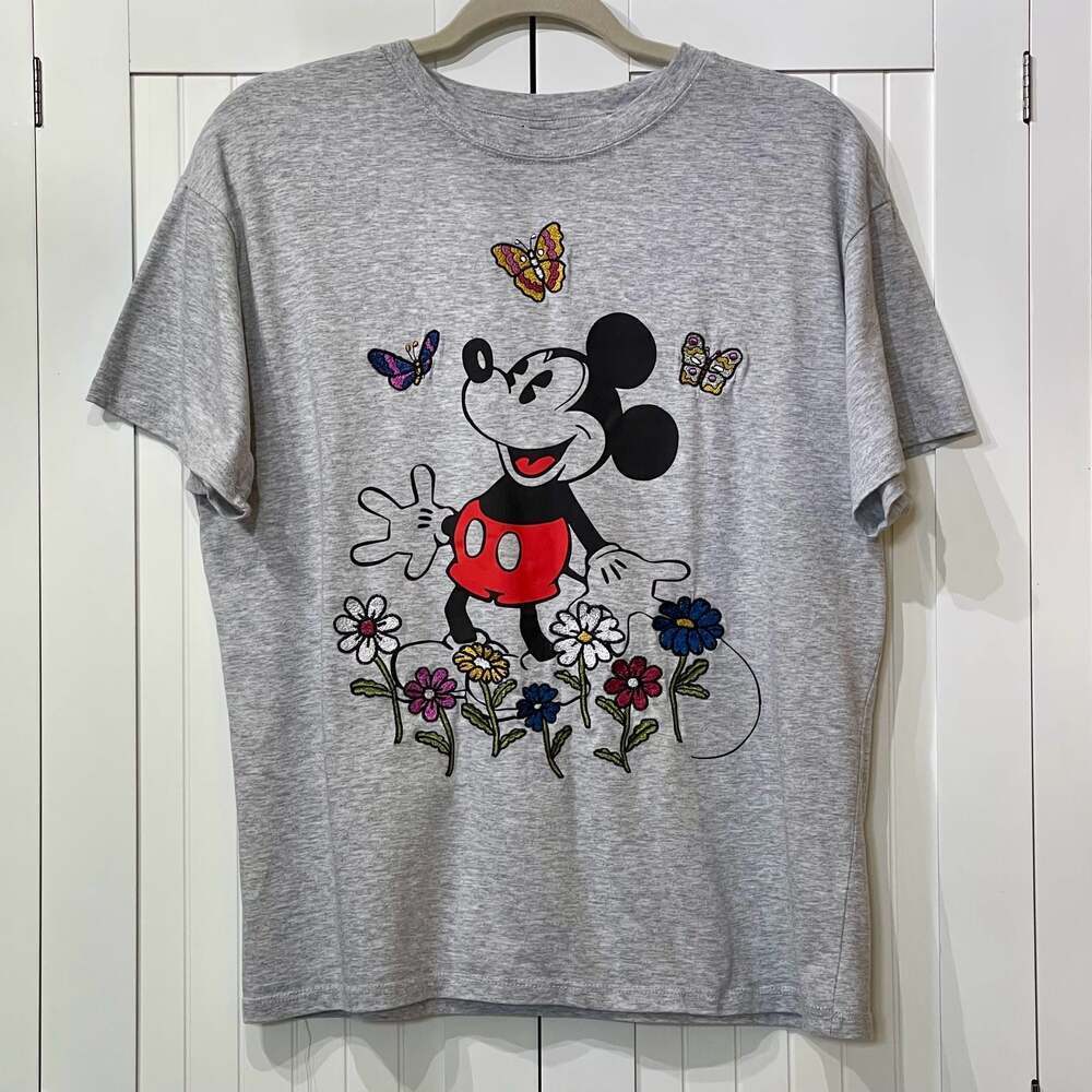 Disney Mickey Mouse Butterfly and Flowers Heather Grey T-Shirt